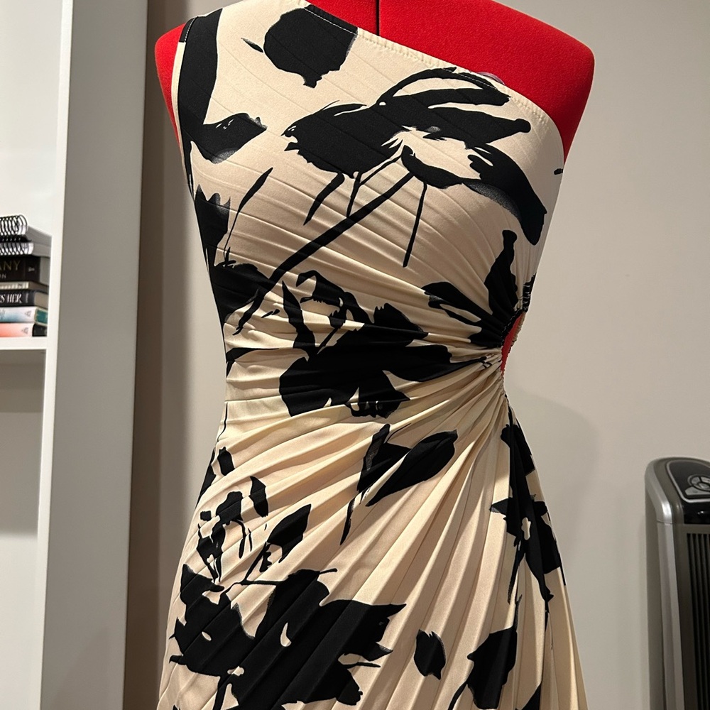 Pleated Black and Cream Floral Asymmetric Dress